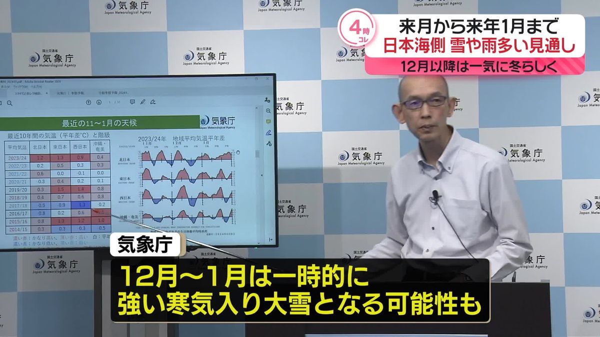 【気象庁・3か月予報】日本海側で雪や雨多い見通し　12月以降、全国的に一気に冬らしい寒さに