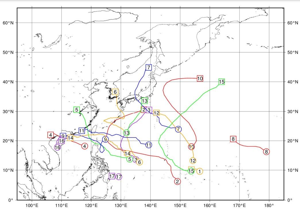 2023年の台風経路図(気象庁より)