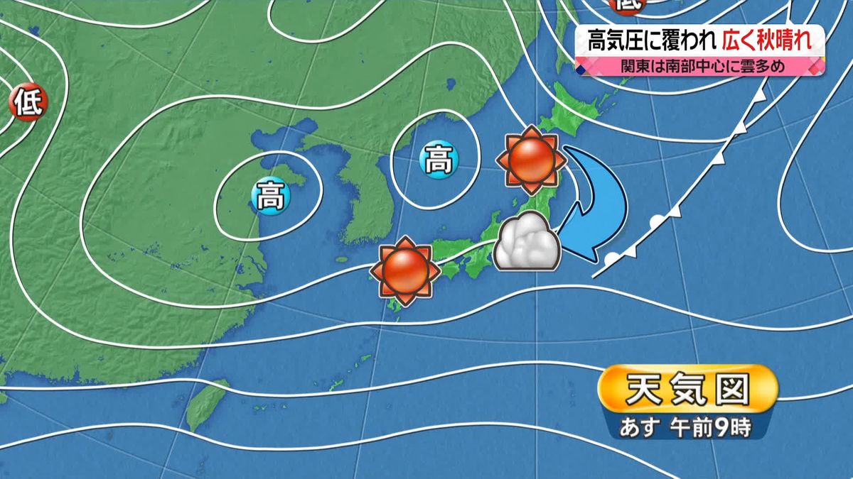 【天気】西日本～北日本は広範囲で秋晴れ　関東は南部中心に雲多め