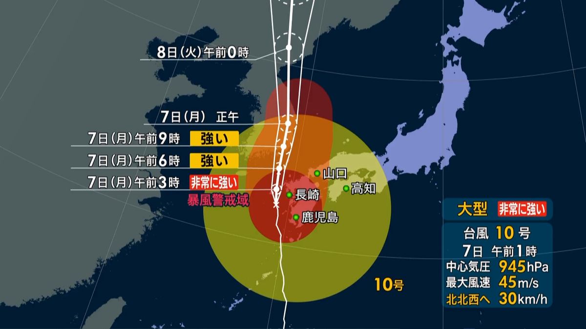 台風１０号、九州ほぼ全域が暴風域　進路は