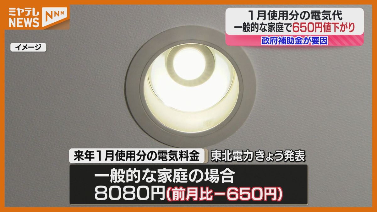 ＜値下がり＞1月使用分の『電気料金』　”政府の補助金”再開で（東北電力）