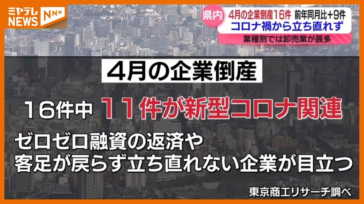 【『新型コロナ』関連の倒産<過半数占める>】宮城県内で4月に倒産した企業　前年同月より増え16件