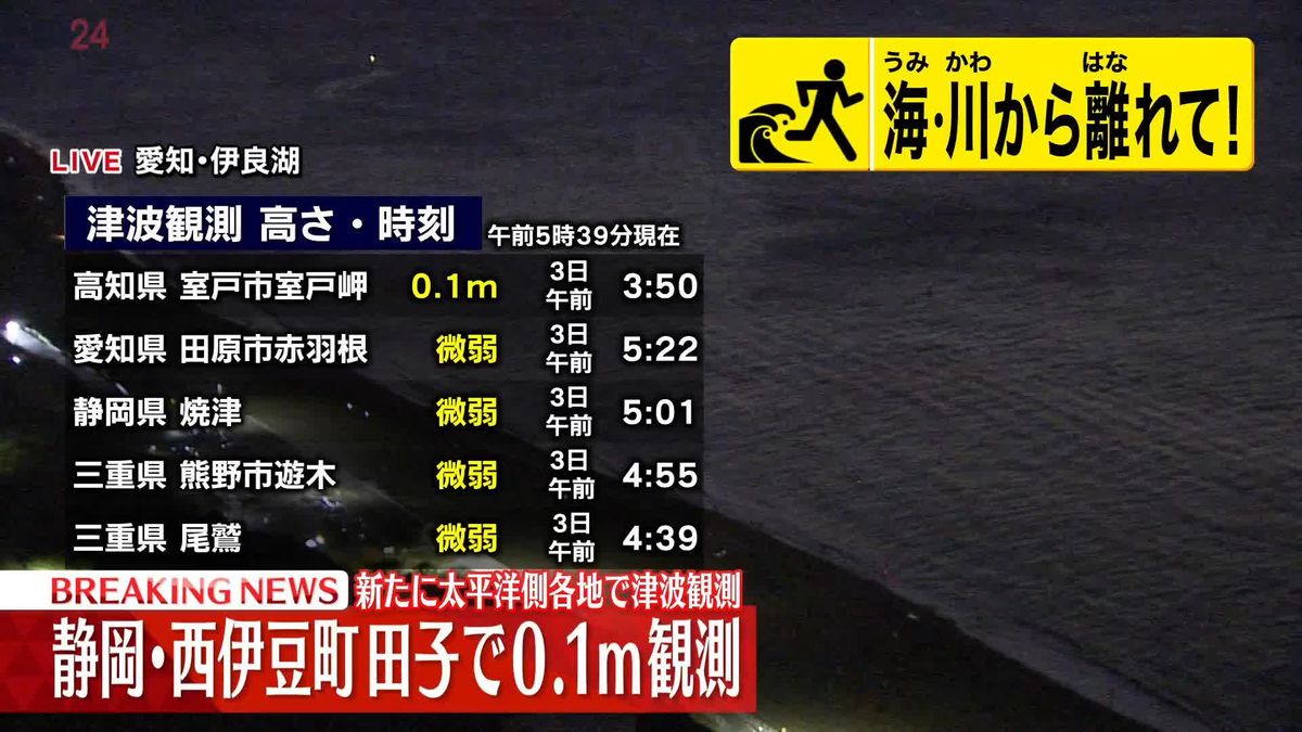 【津波注意報　午前5時39分まで】静岡・西伊豆町田子で0.1メートル観測　新たに太平洋側各地で津波観測