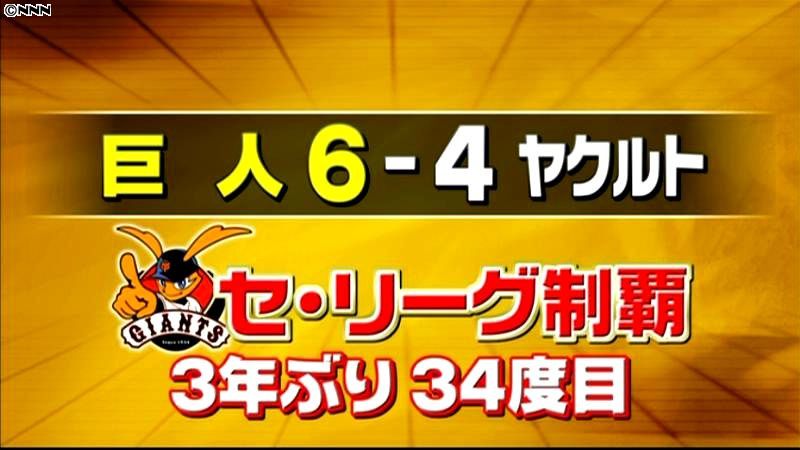 プロ野球セ・リーグ　巨人が３年ぶり優勝