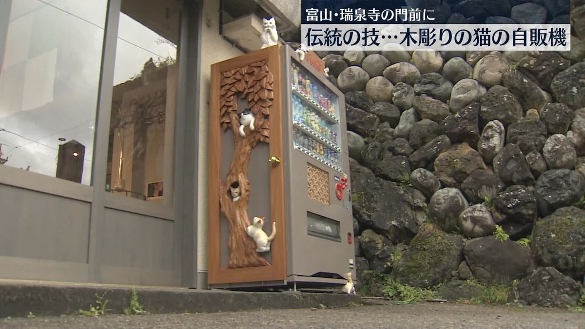 古刹の山門前に…木彫りネコの自販機が登場　伝統の技・井波彫刻の7匹