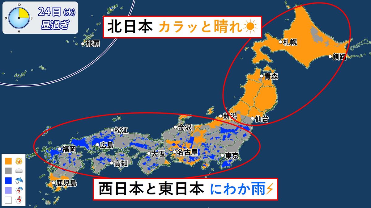 北日本はカラッと晴れ…東・西はにわか雨