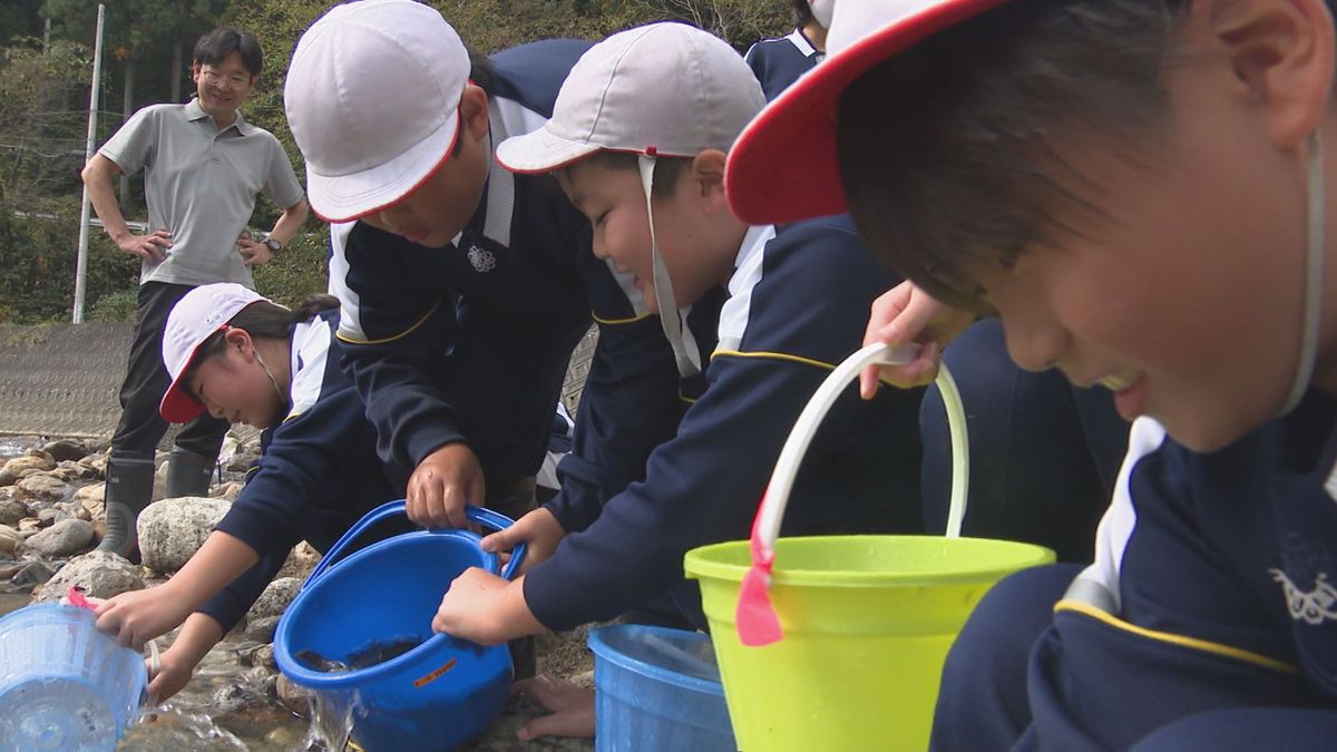 「大きくなって帰ってきて」　大江町の小学生が町の魚「サクラマス」の稚魚4000匹を放流