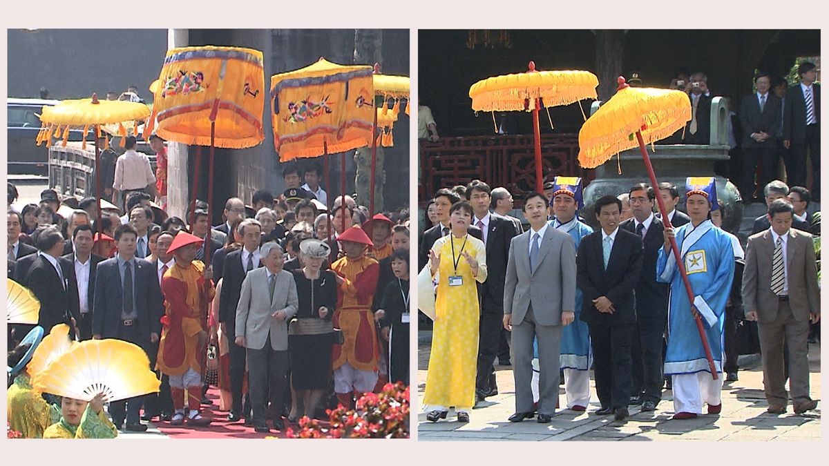 ベトナム・フエ 王宮（左・2017年3月 上皇ご夫妻（当時 天皇皇后両陛下）/右・2009年2月 天皇陛下（当時 皇太子さま）