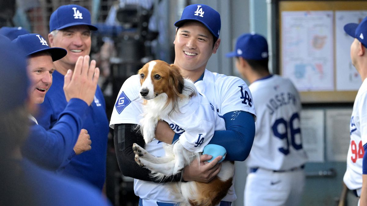 愛犬デコピンと共に始球式に参加した大谷翔平選手(写真：USA TODAY Sports/ロイター/アフロ)