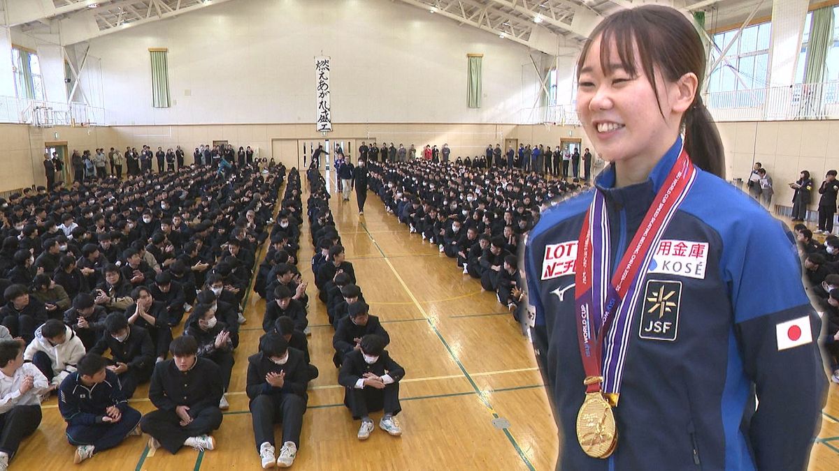 スピードスケート吉田雪乃選手　W杯2勝を母校に報告　岩手・盛岡市