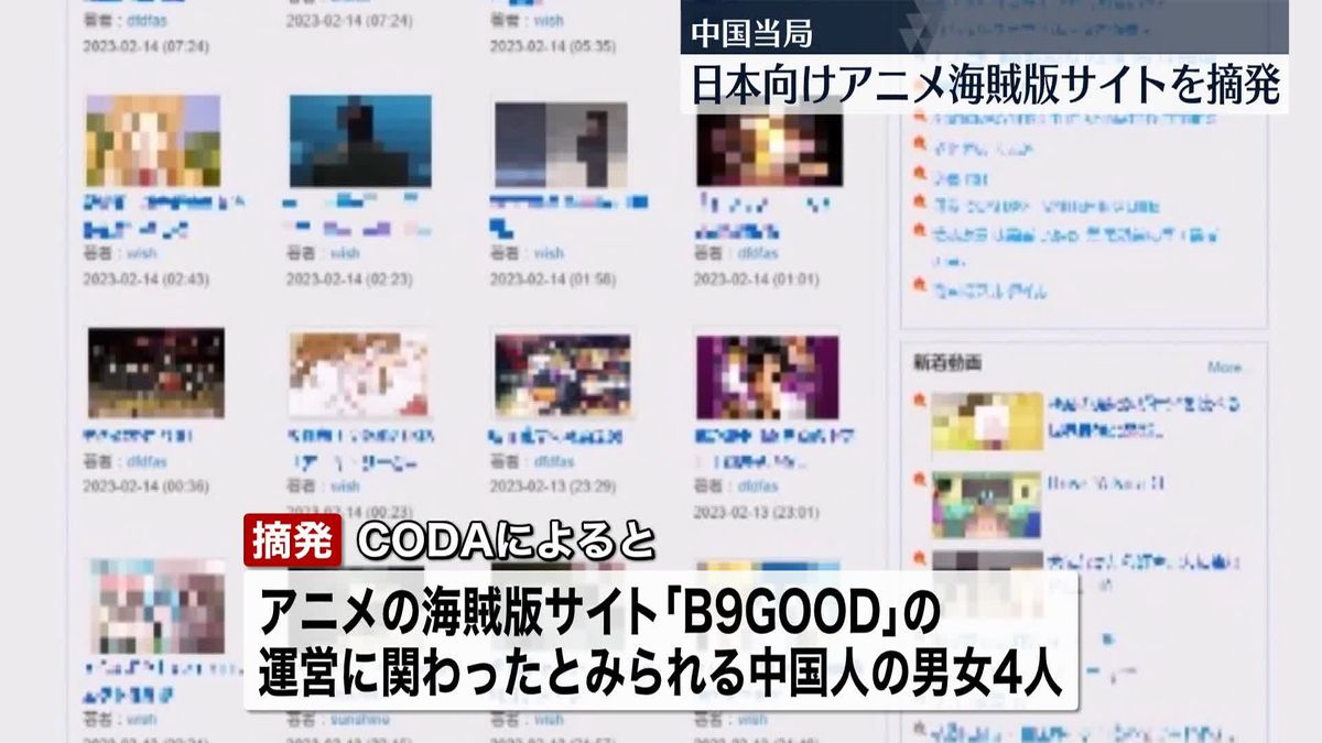 日本人向けアニメ海賊版サイト運営の男女4人、中国当局が摘発　拘束の男、約1億2000万～1億4000万円の広告収入得たか