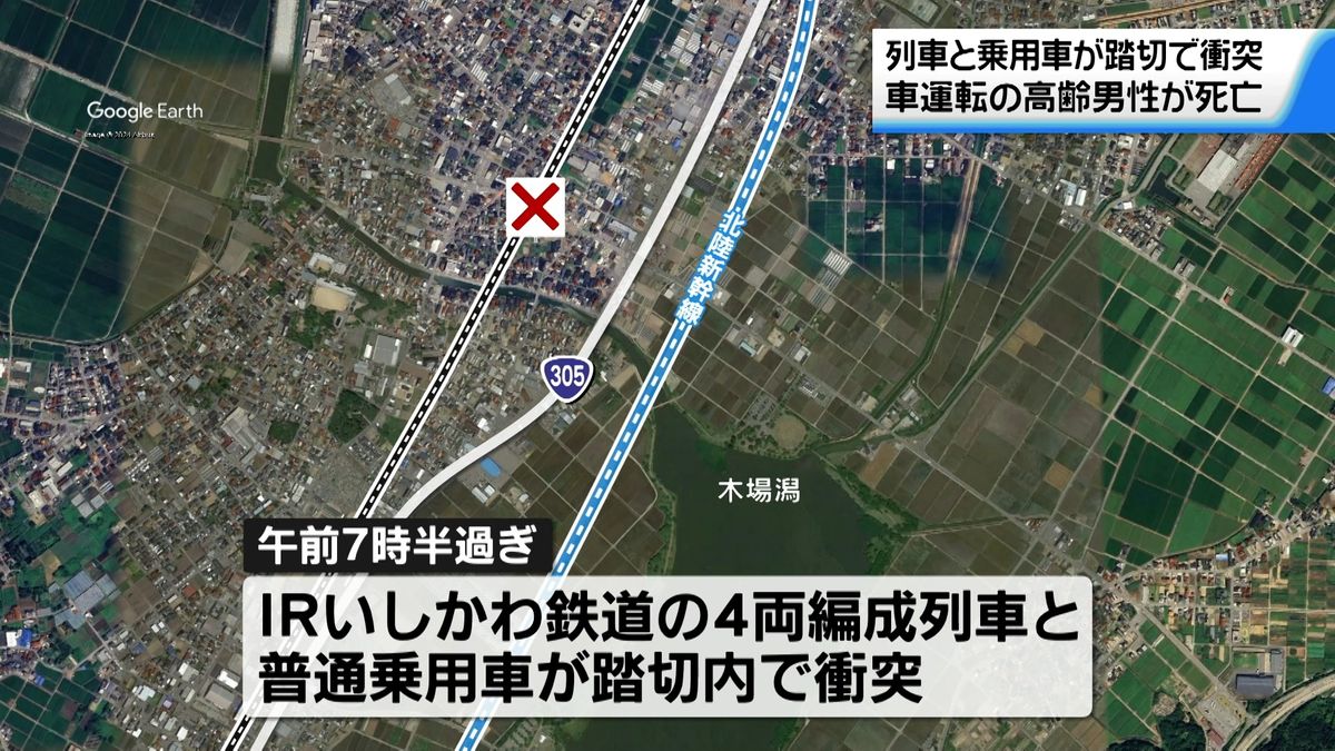 踏切内で列車と乗用車が衝突　車運転の高齢男性死亡　列車の乗客にけが人なし　石川・小松市