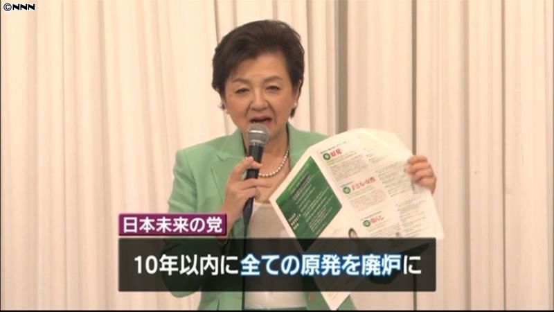 日本未来の党が公約発表「卒原発」などが柱
