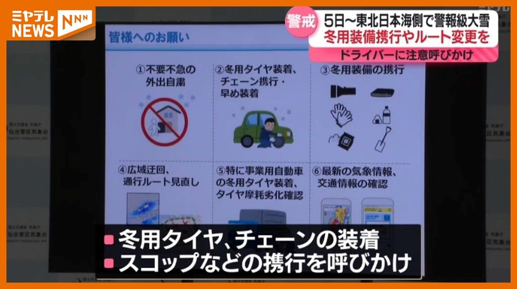 冬用タイヤ・チェーンにルート変更を…気象台などがドライバーに呼びかけ　5日～8日 東北の日本海側で”警報級の大雪”見込み