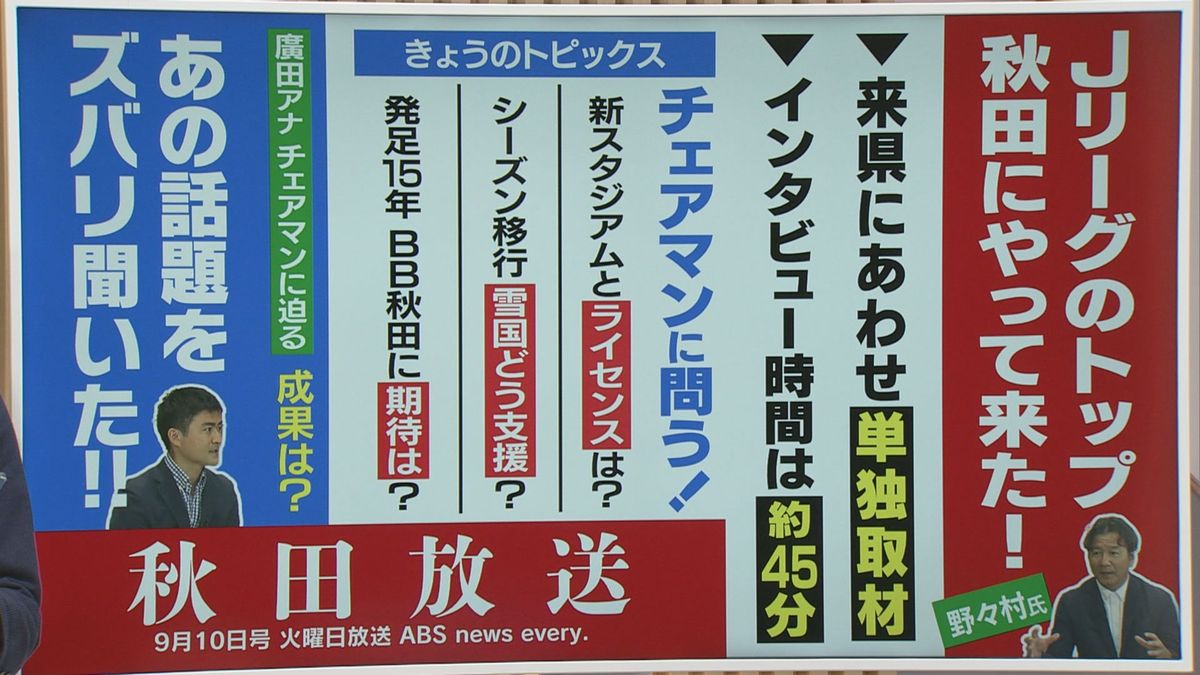 来秋したJリーグ野々村芳和チェアマンを直撃　 新スタジアム問題をどう見ている？雪国のチームが懸念する秋春制への移行については？ブラウブリッツ秋田の評価は？