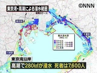 東京湾高潮被害、死者最大７６００人と想定