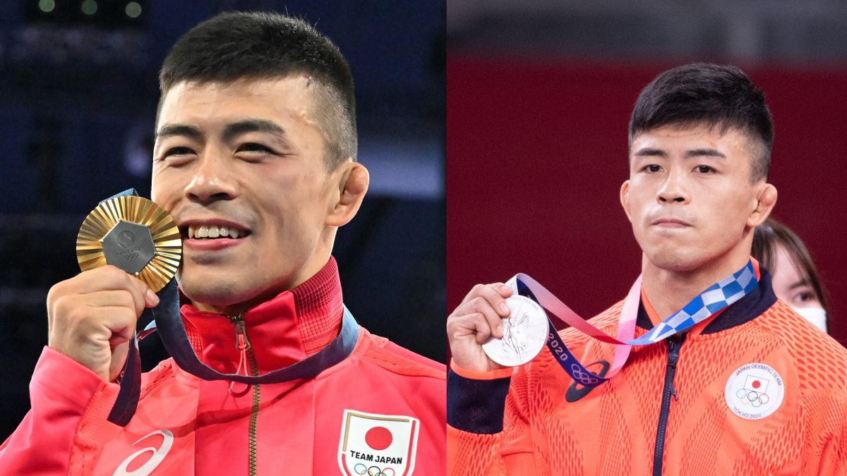 文田健一郎選手 左：パリ五輪で金メダル獲得 右：東京五輪で銀メダル獲得(写真：エンリコ/アフロスポーツ)