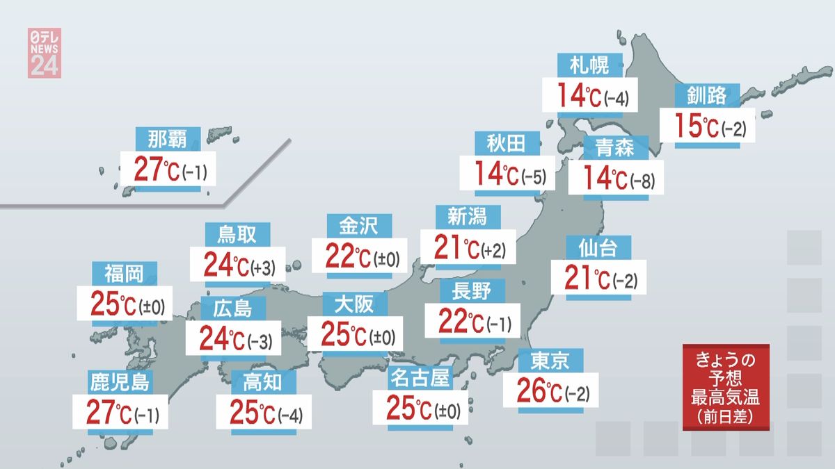 【天気】本州付近は午後も晴れるところ多い