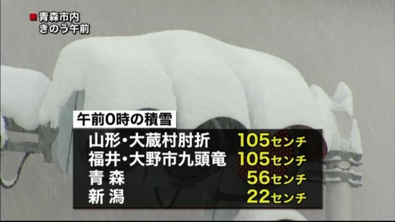 日本海側で大雪　山形・福井で積雪１ｍ超も