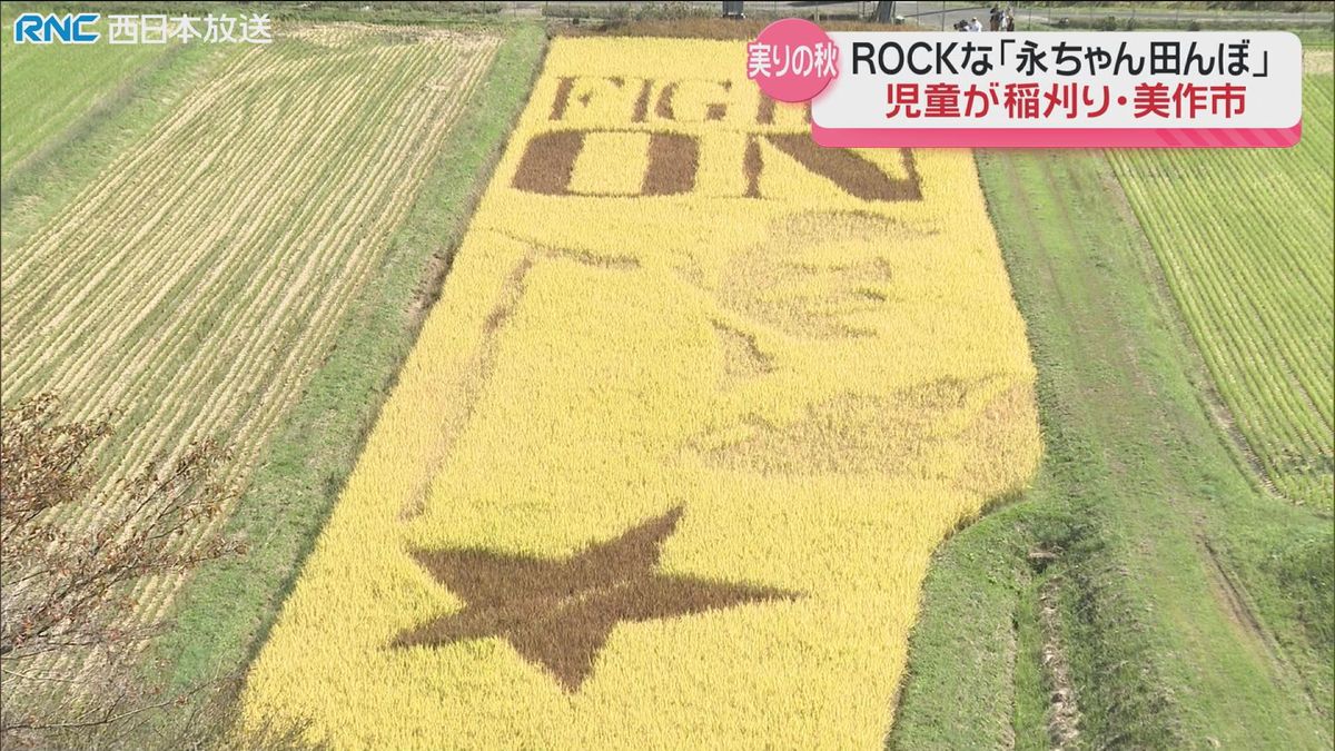 「永ちゃん田んぼ」小学生が稲刈り体験　美作市