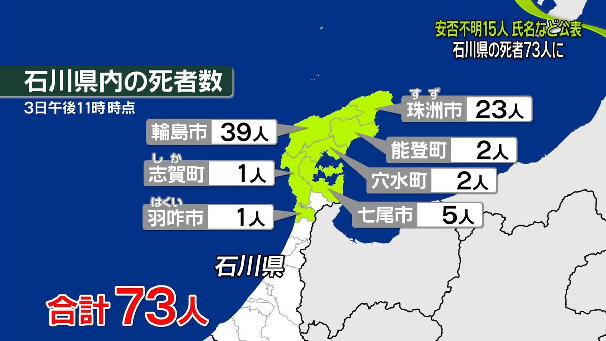 能登半島地震　安否不明15人の氏名など公表　石川県の死者73人に