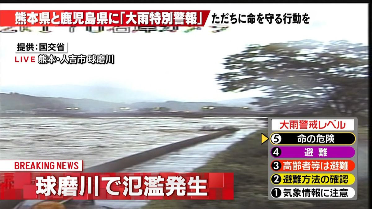 熊本県を流れる球磨川に河川氾濫発生情報