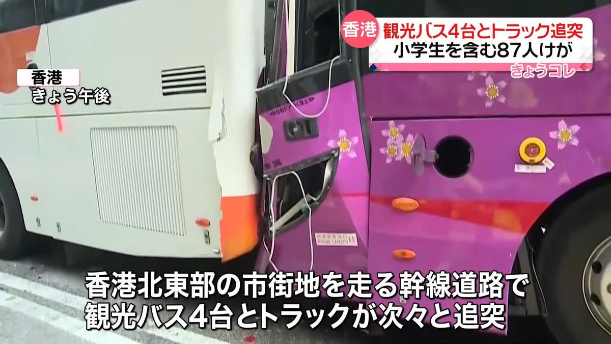 観光バス4台とトラック多重事故…小学生含む87人ケガ　香港北東部
