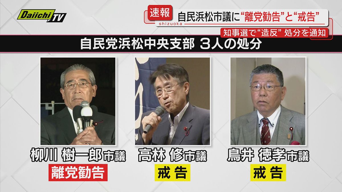 【速報】知事選で"造反” 対立候補の鈴木知事を支援した自民浜松市議１人に｢離党勧告｣　２人に｢戒告｣処分を通知(静岡・自民党県連)