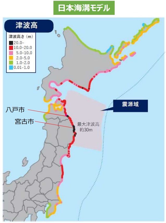 日本海溝の地震で予想される津波の高さ
