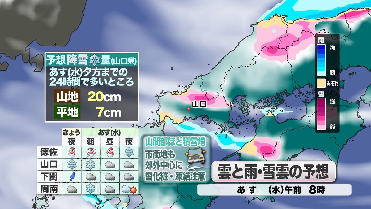 【山口天気 夕刊1/28】あす29日(水)にかけて山間部ほど積雪・市街地も路面凍結注意　来週はもっと強烈な寒波の兆しも…