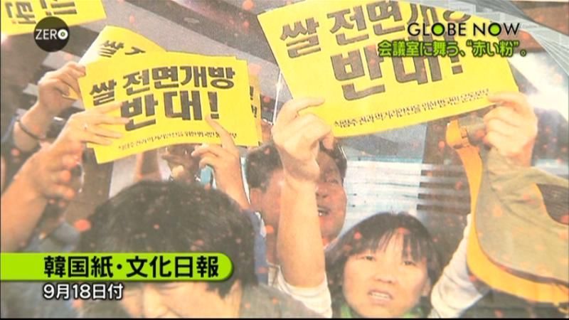 韓国農業団体、政府会議に乱入し唐辛子粉を