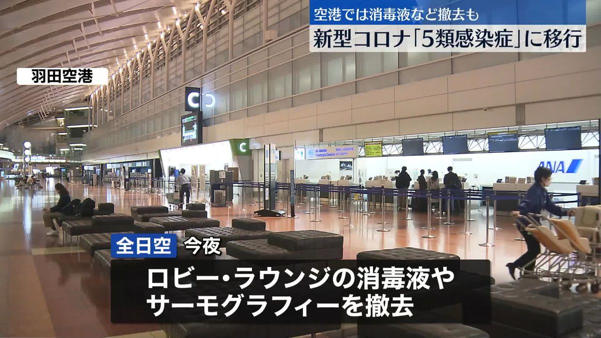 羽田空港で消毒液など撤去　8日から新型コロナ位置づけ「5類」移行へ