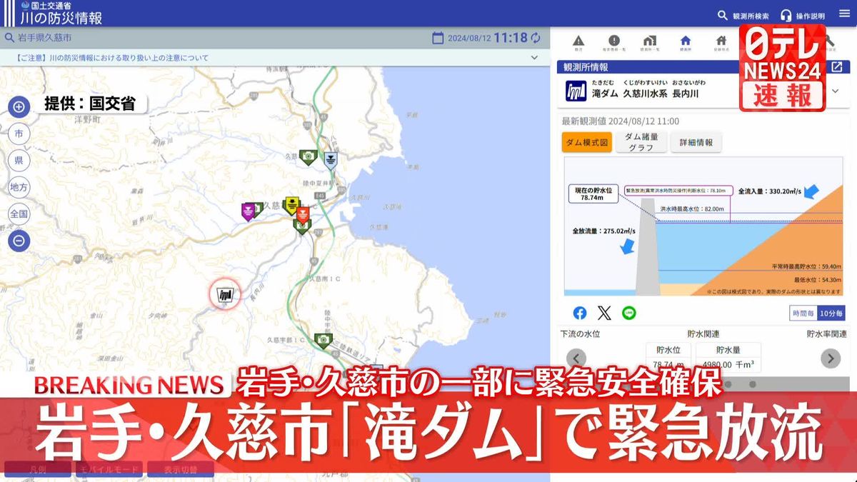 岩手･久慈市の一部に緊急安全確保　｢滝ダム｣で緊急放流 
