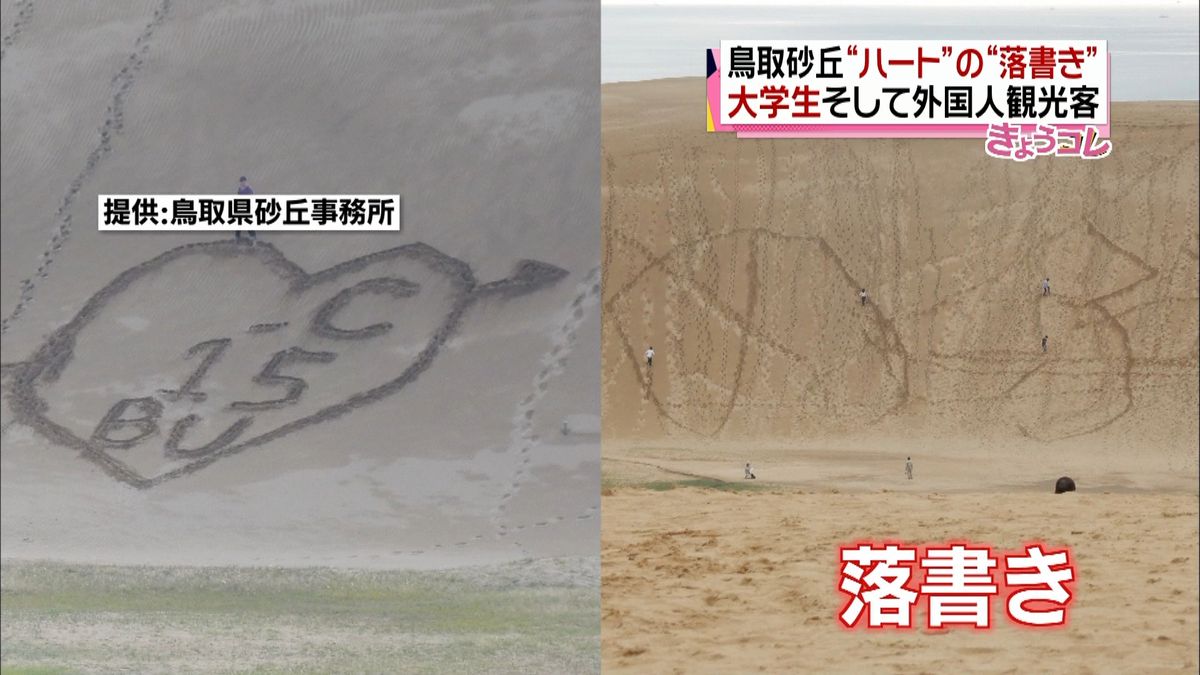 “ハート”に“のぶ”…鳥取砂丘に落書き