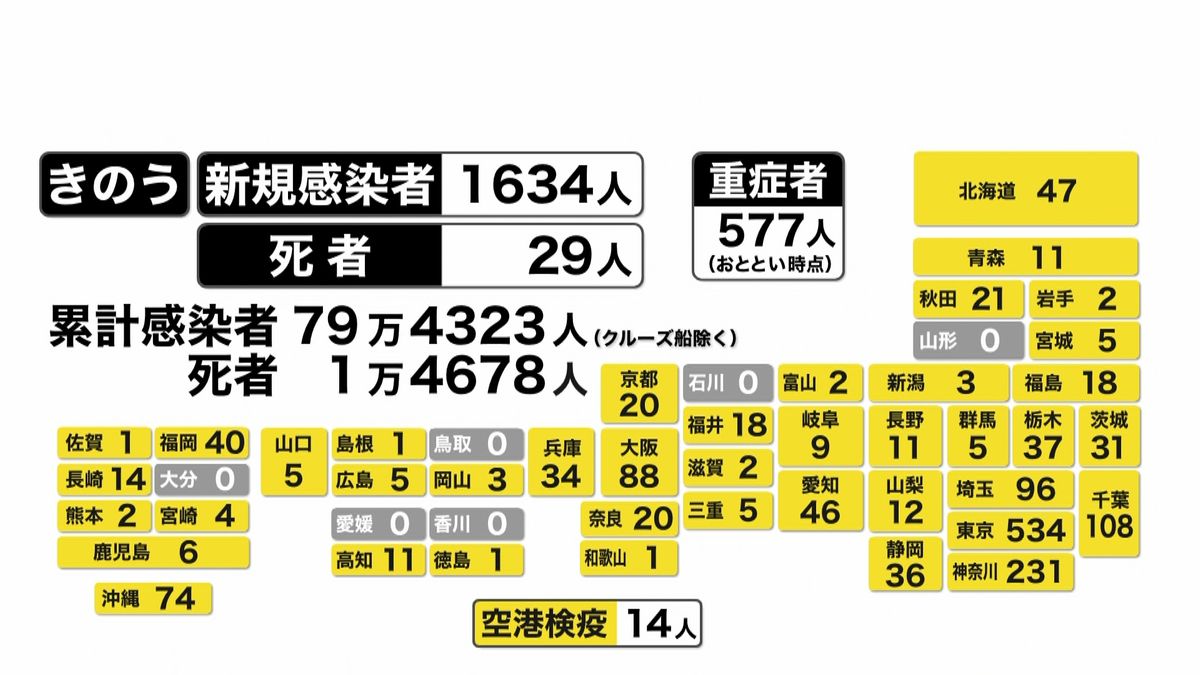 全国で１６３４人感染確認　死者は２９人