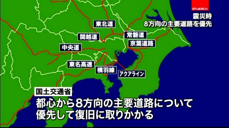 震災時に８方向の主要道路を優先的に復旧へ