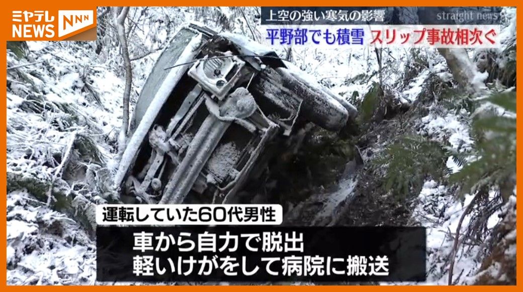 スリップか…車が山林に転落、宮城・平野部でも積雪　路面の凍結に注意（18日）