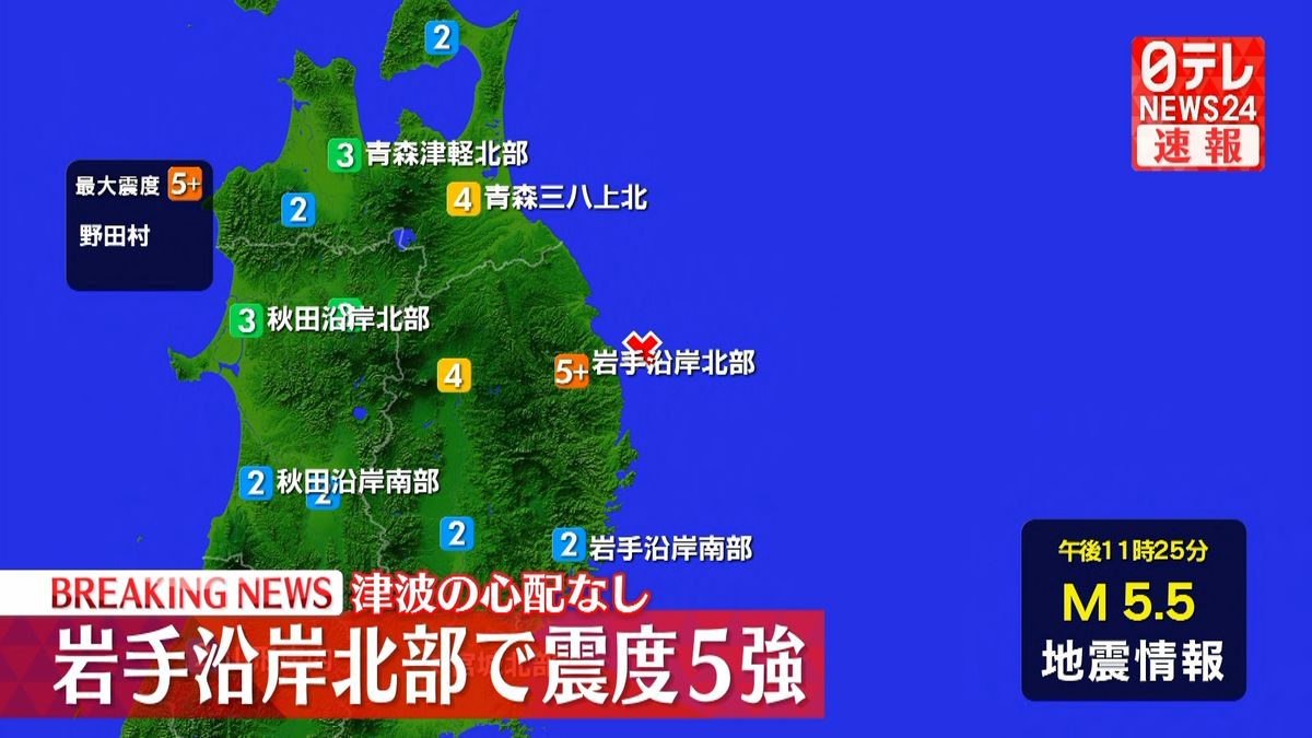 岩手県で震度５強　津波の心配なし