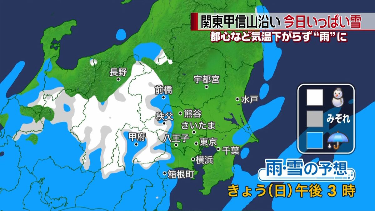 関東甲信山沿い　今日いっぱいは雪の見込み