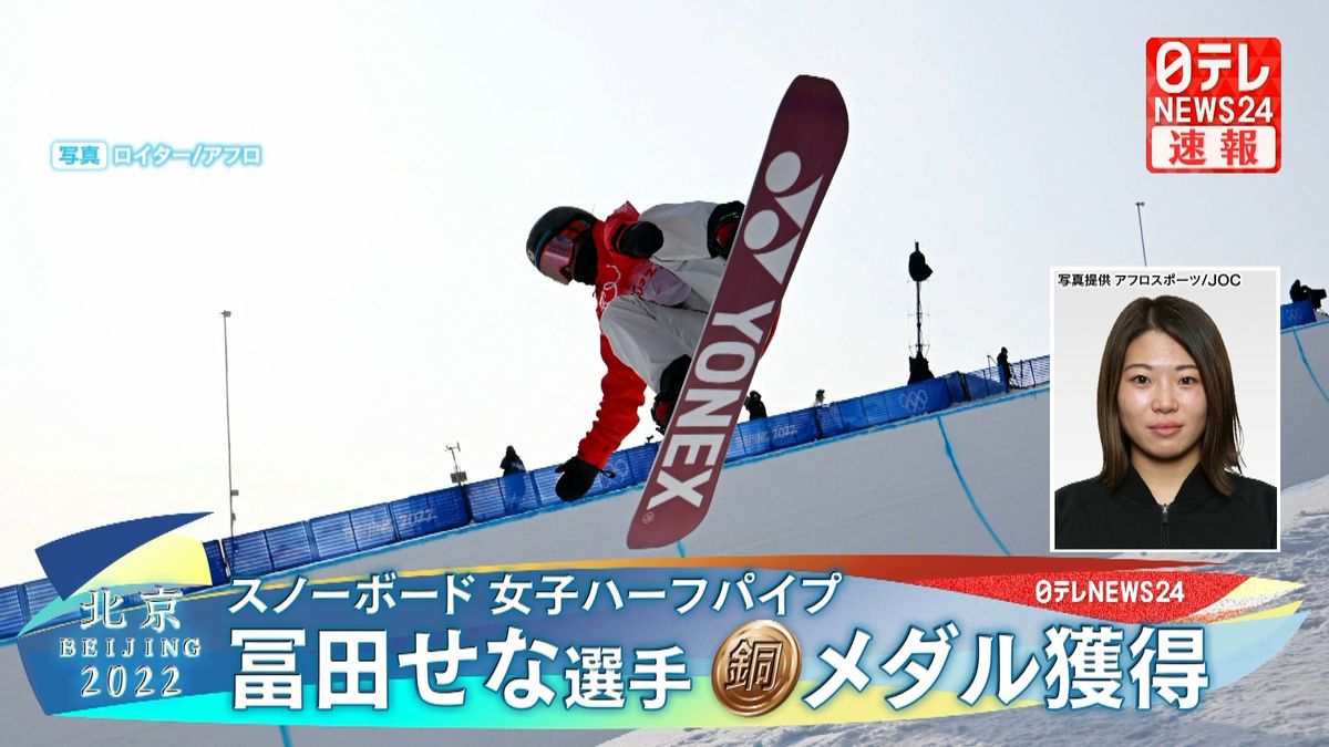 スノーボード女子ハーフパイプ　冨田せな選手が銅メダル獲得