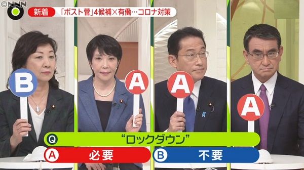 総裁選４候補、“ロックダウン”賛否割れる