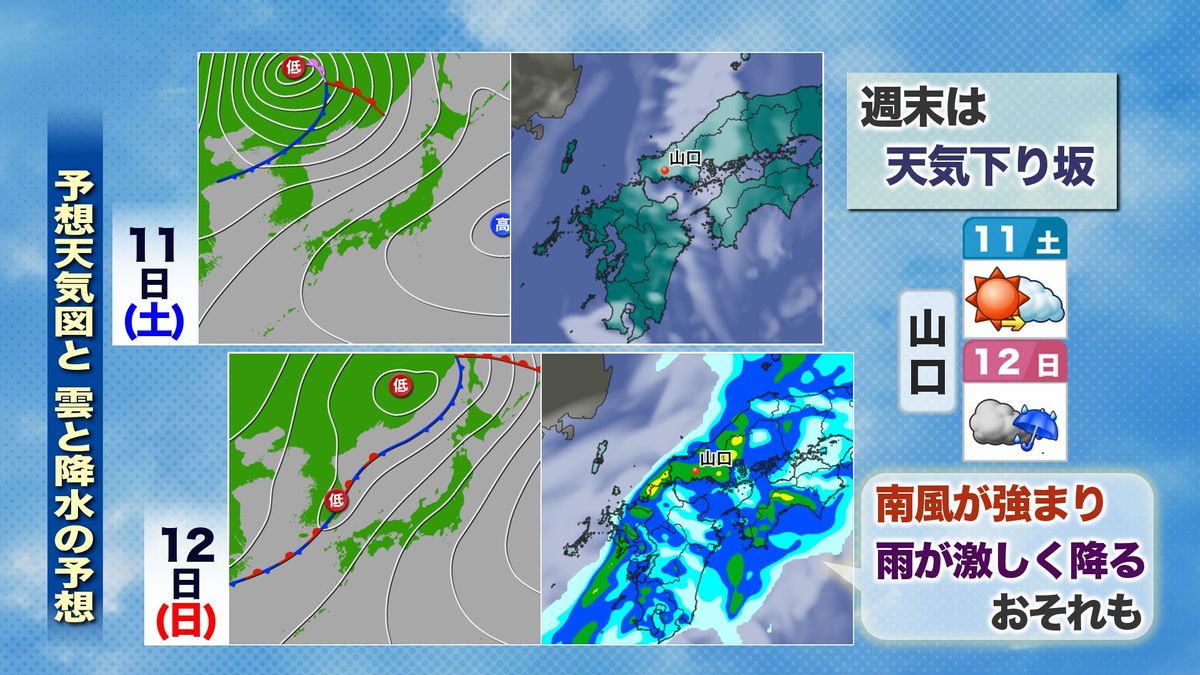 週末の予想天気図・雲と降水の予想