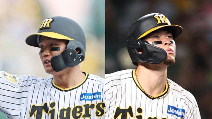 阪神・森下翔太選手(左)と佐藤輝明選手(右) 写真：時事