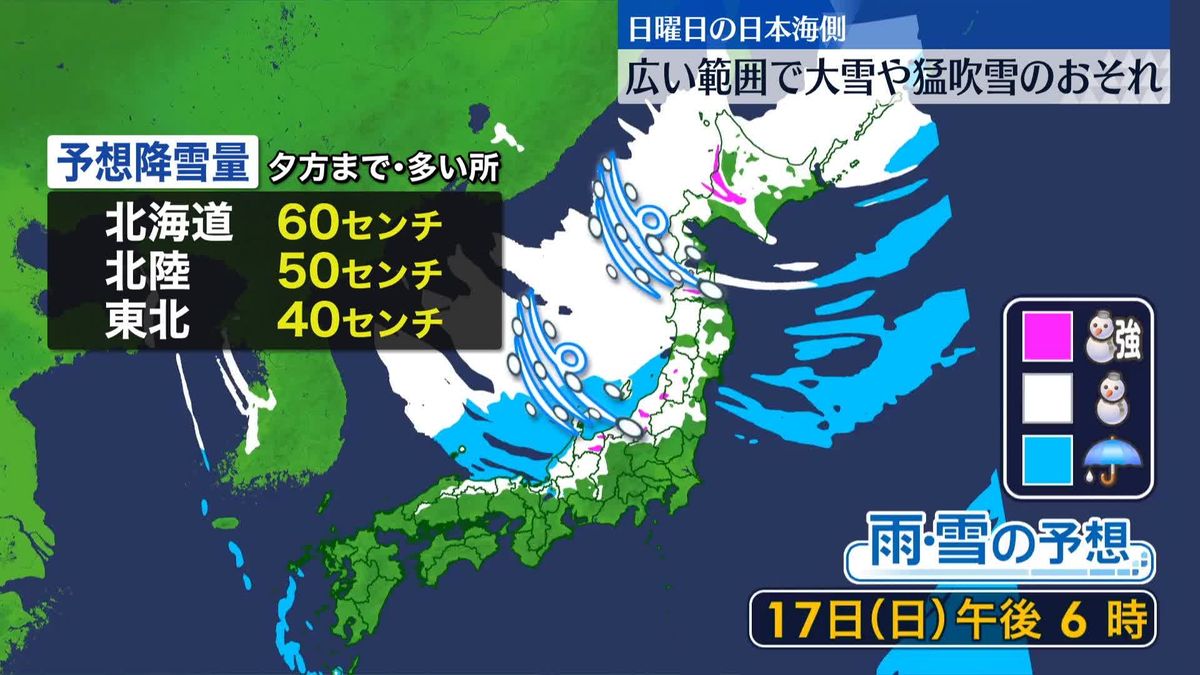 あす17日、日本海側の広い範囲で大雪や猛吹雪の恐れ…交通障害に警戒を