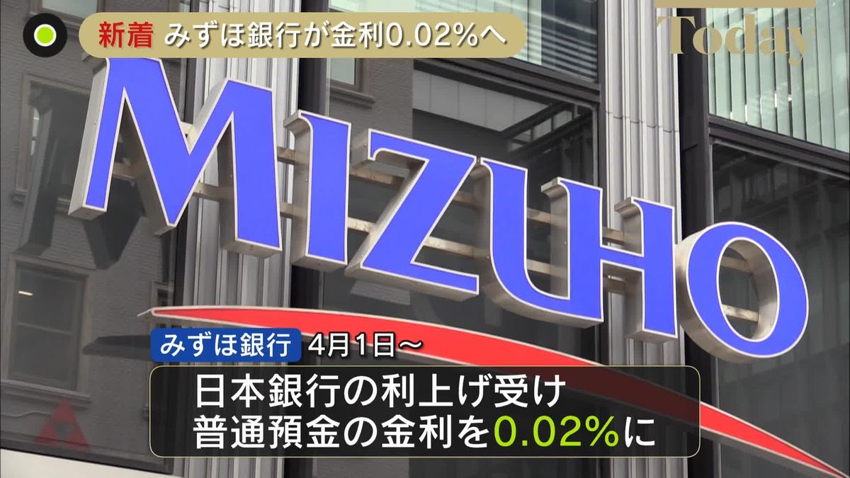 みずほ銀行が金利0.02%へ　大手銀行5社が同水準まで普通預金金利引き上げ