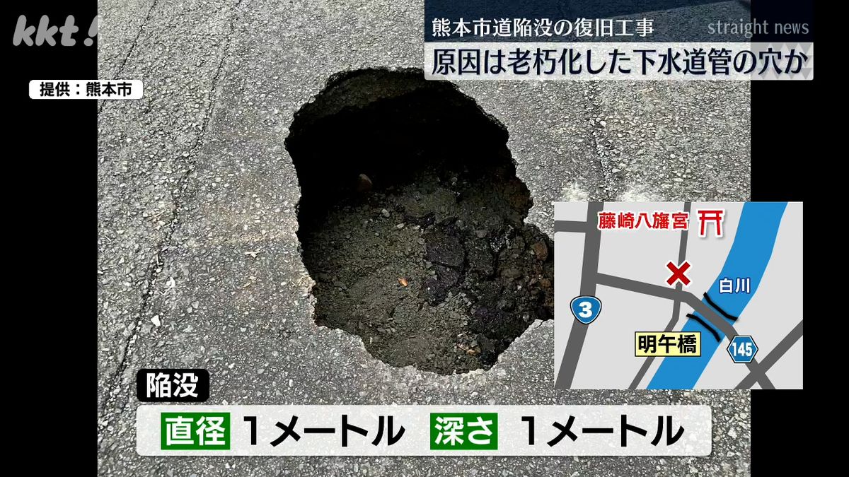 熊本市道の陥没現場で復旧工事 原因は下水道管の老朽化か