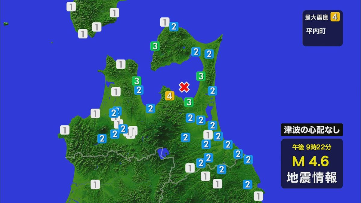 【更新情報あり】平内町　震度４　陸奥湾が震源　Ｍ４．６と推定　　警察と消防に被害情報なし　