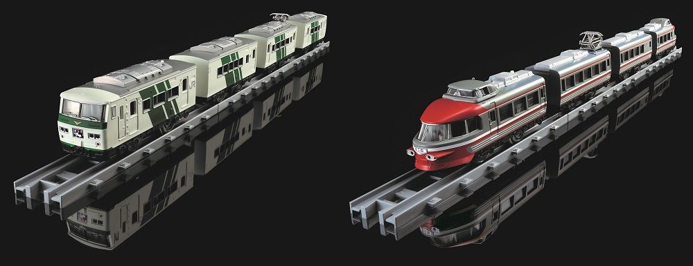 『プラレール リアルクラス』（左から）185系特急電車（踊り子・緑ストライプ）、小田急ロマンスカー3100形NSE