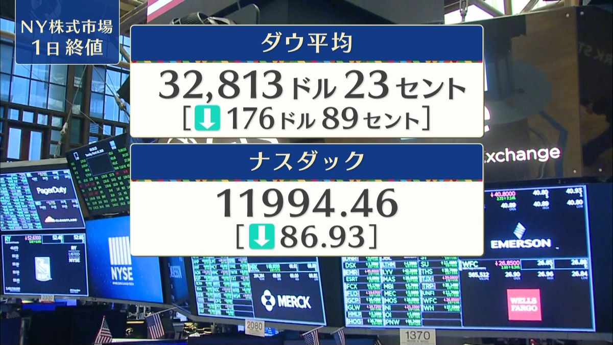 NYダウ176ドル安　終値3万2813ドル