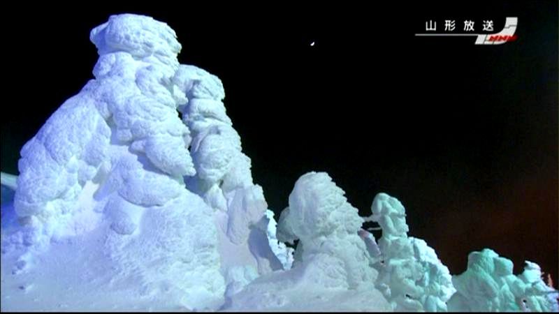 樹氷のライトアップ始まる　山形・蔵王
